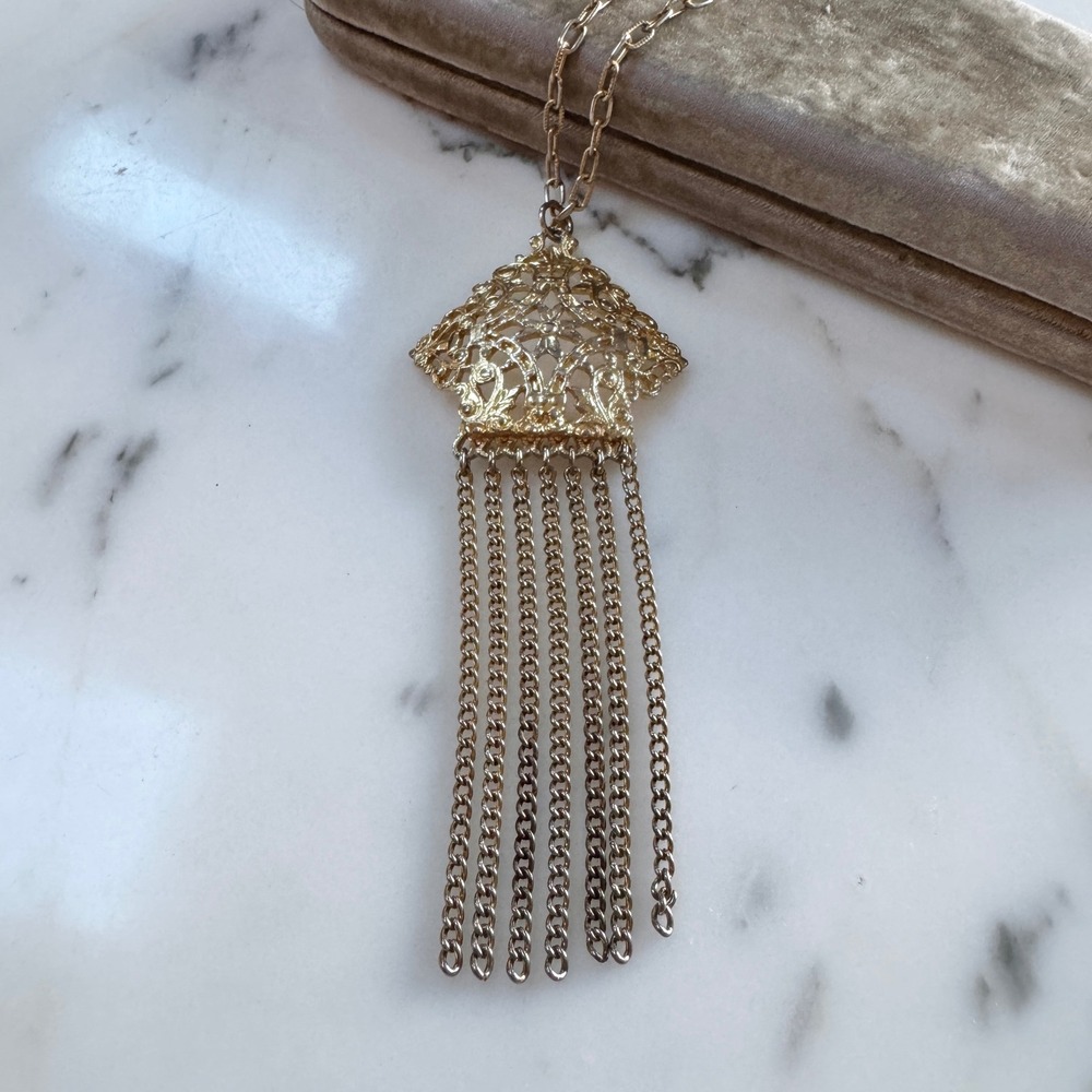 Vintage Boho Style Tassel Statement Necklace Gold Tone Festival Estruscan Mogul - Picture 5 of 9